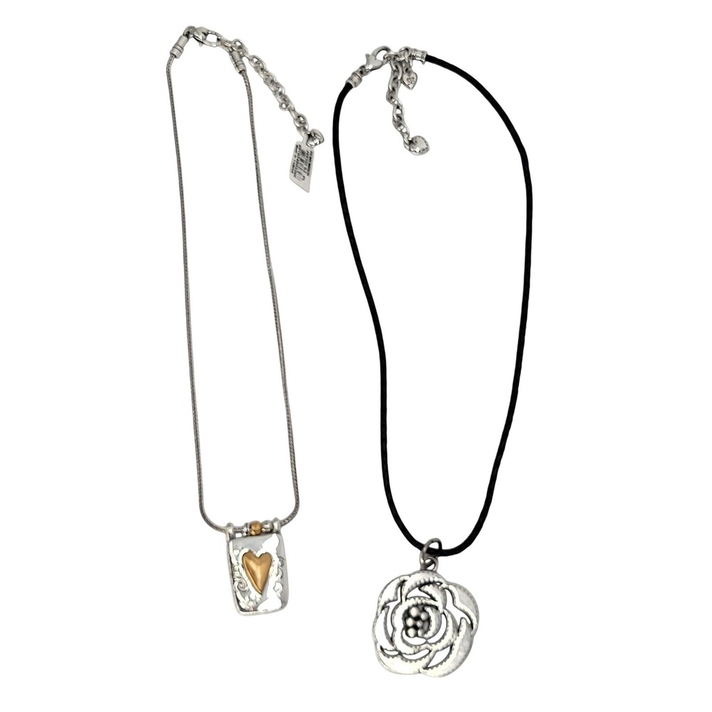 NWT Brighton Remember Me Heart & Rose Pendant Necklace Set Silver Gold Tone 2pc